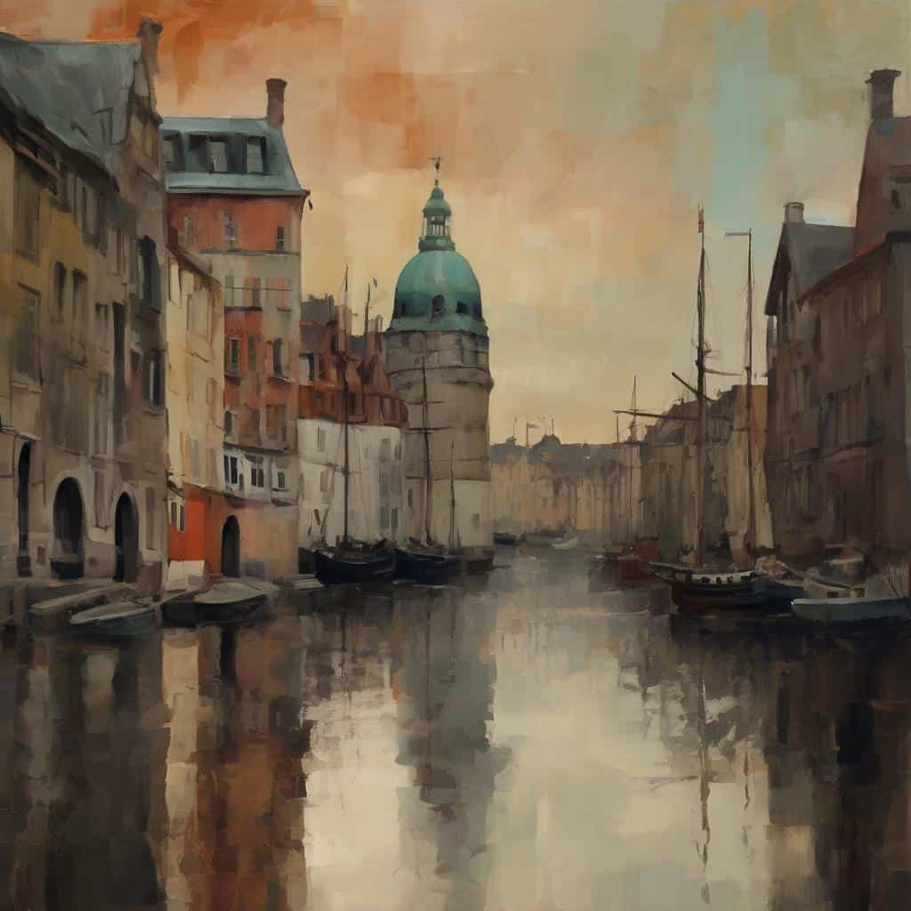 Λιμάνι με παλιά κτίρια και σκούρα μινιμαλιστικά σκάφη, ζωγραφισμένο με ρομαντικό και μελαγχολικό ύφος.