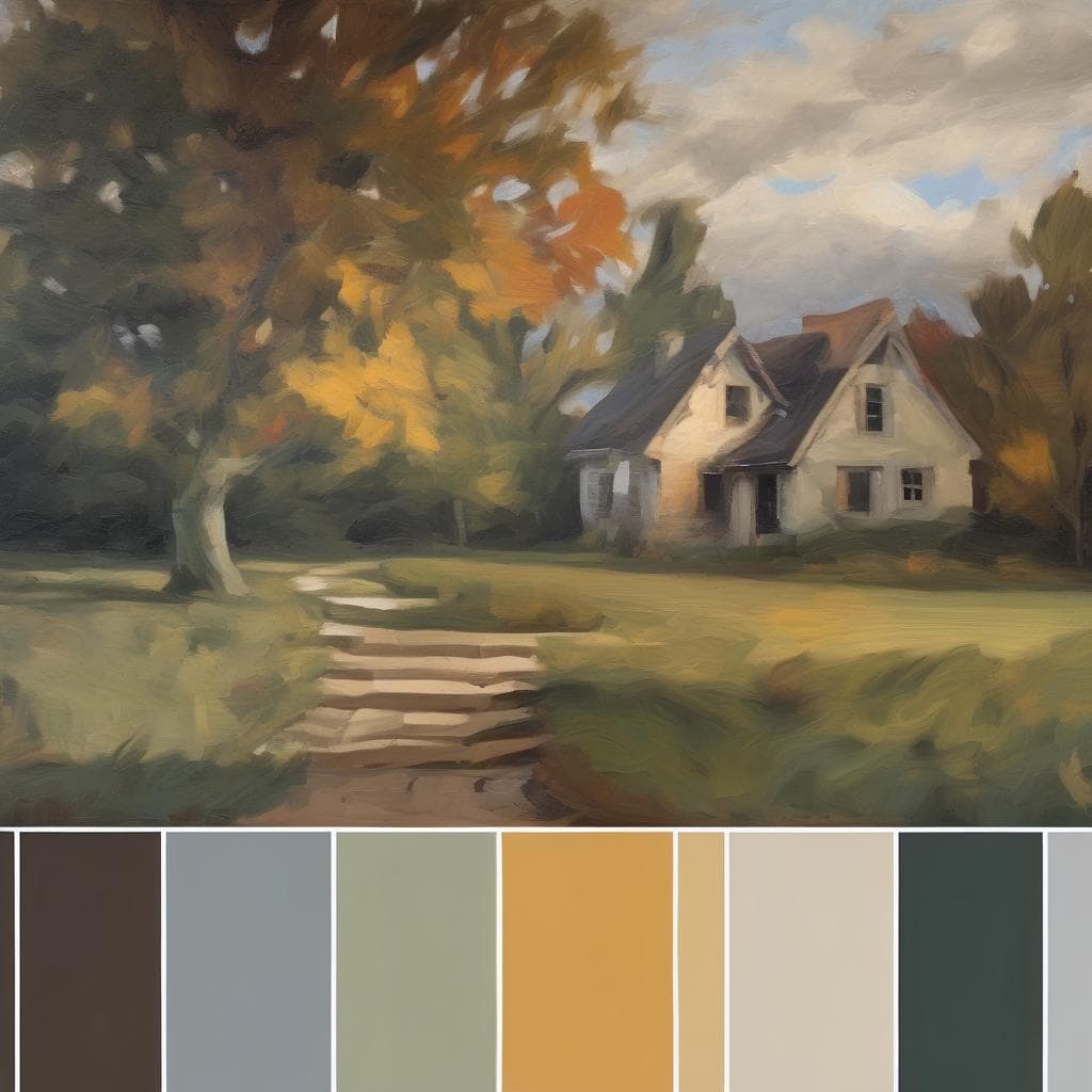 Οικία σε φυσικό τοπίο με δέντρα σε φθινοπωρινά χρώματα, ζωγραφική έκφραση πένθους και τέχνης.